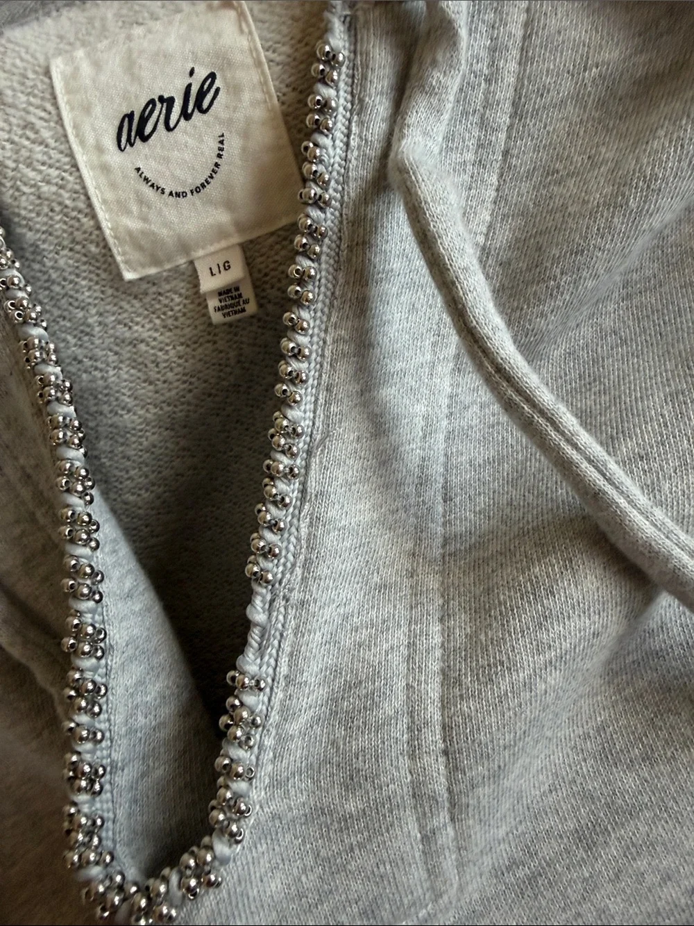 Aerie Light Gray Hooded Sweatshirt with Silver Beaded Trim - Picture 2 of 7